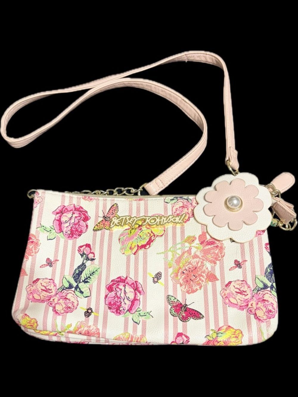 Betsey Johnson Pink Floral Stripe Crossbody with Flower Charm 11 by 7 Like New